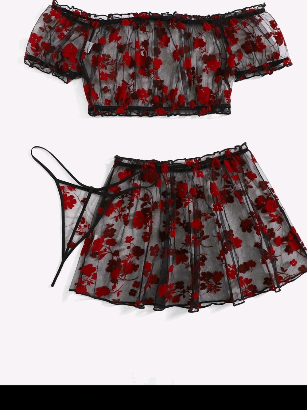 Sheer Black Two-Piece Floral Lingerie Set with Red Embroidered Flowers
